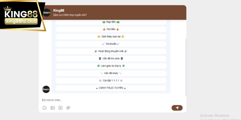 Các kênh liên hệ King88 được hiển thị rõ ràng trên hệ thống