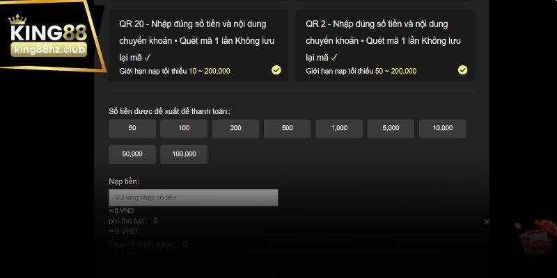 Biểu mẫu nhập số tiền và xác nhận giao dịch nạp tiền King88