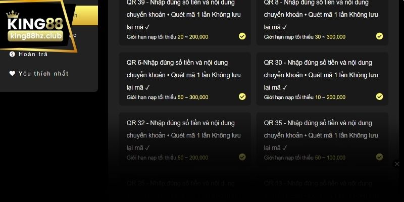 Giao diện lựa chọn hình thức nạp tiền trên hệ thống